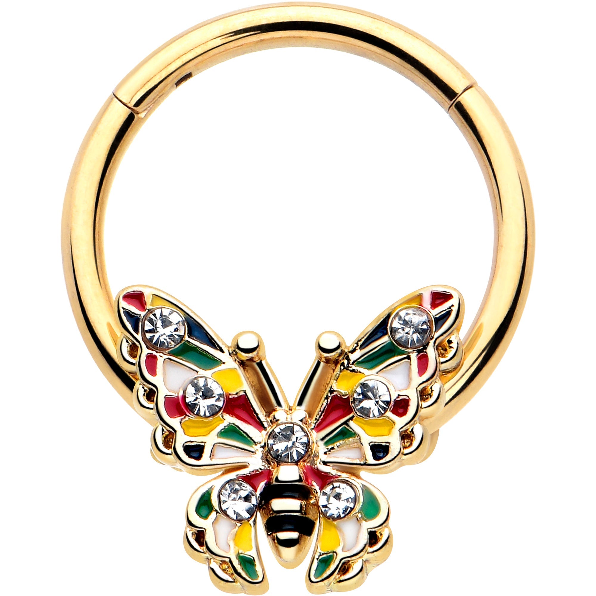 16G 3/8 Clear Gem Gold Tone Color Block Butterfly Hinged Segment Ring