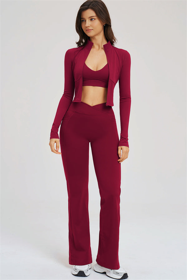 The Sizzle Zip Jacket Sports Bra Flared Leggings 3-Piece Set