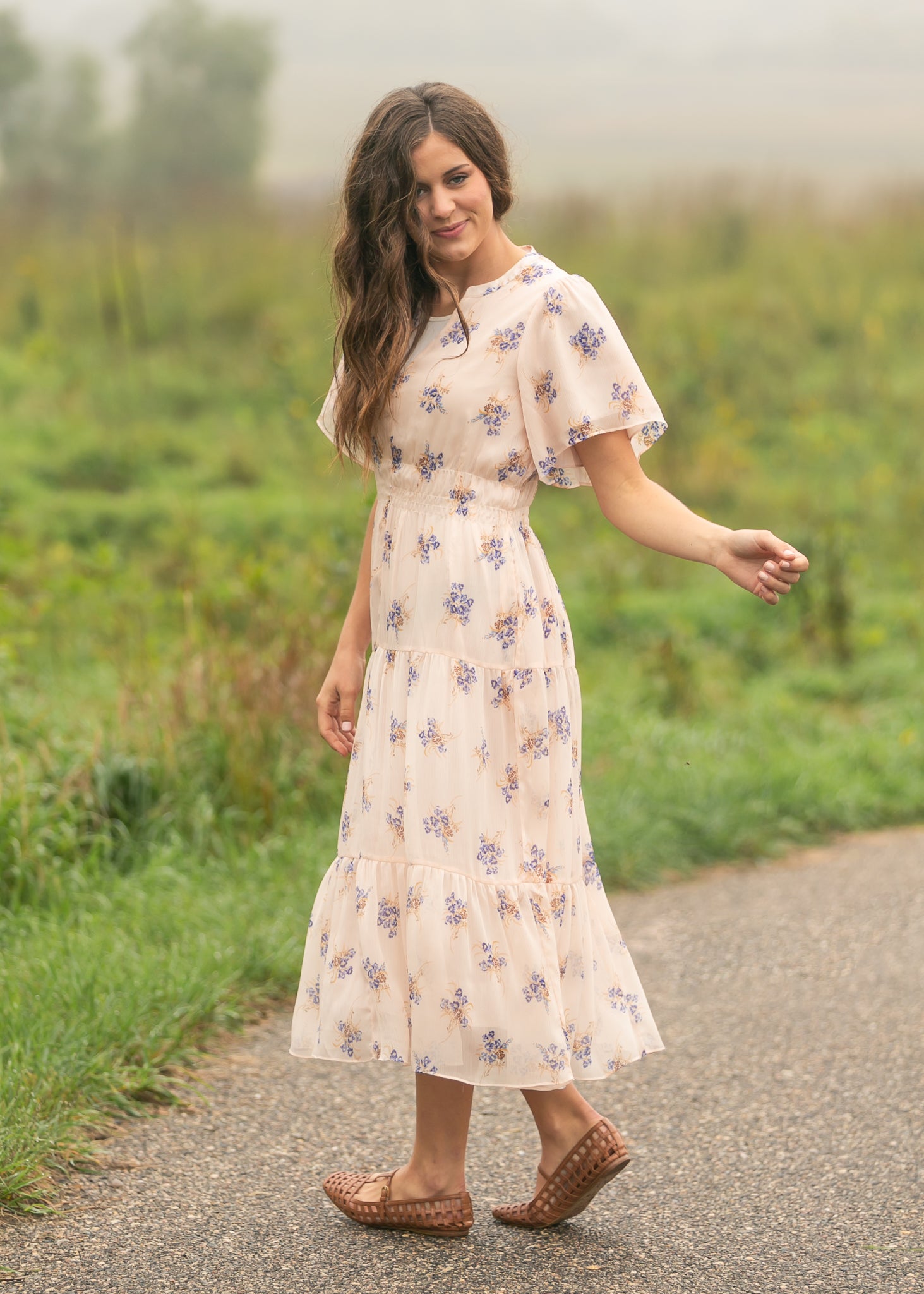 Gina Pink Floral Short Sleeve Tiered Midi Dress